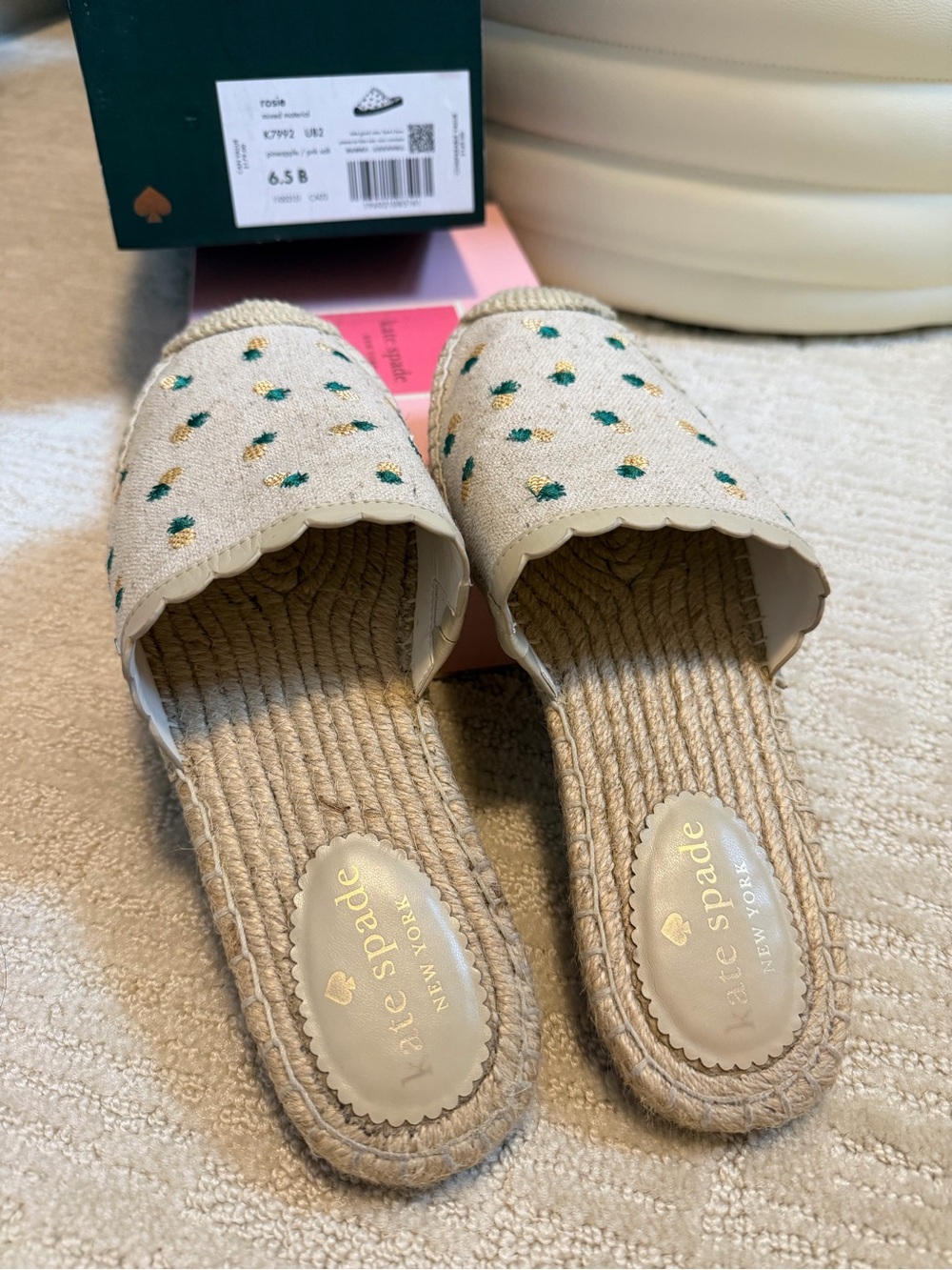kate spade Cream Espadrille Slide with Green & Gold Embroidery